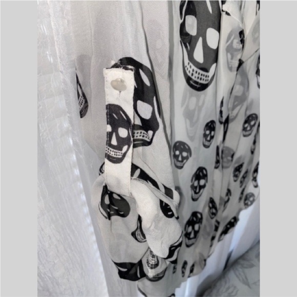 Sheer White with Black Skulls Blouse with Roll-up Sleeves - Picture 2 of 10